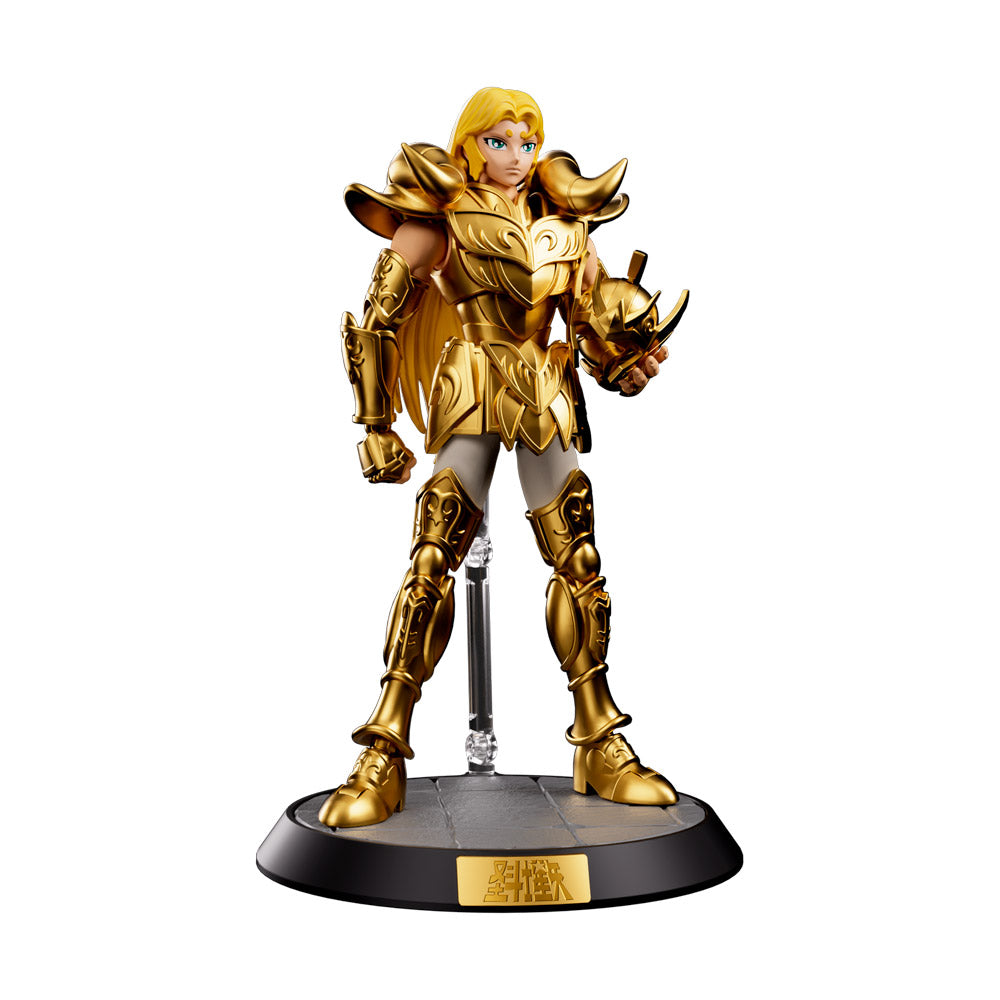 Figura mu de aries saint seiya de Blokees con armadura dorada detallada y base negra