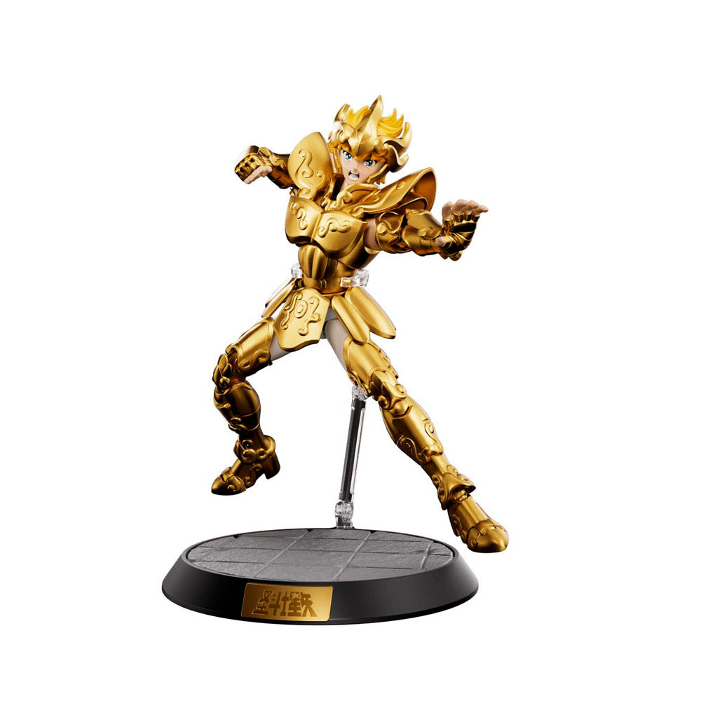 Figura Saint Seiya Leo Aioria dorada en pose de batalla sobre base negra de Blokees