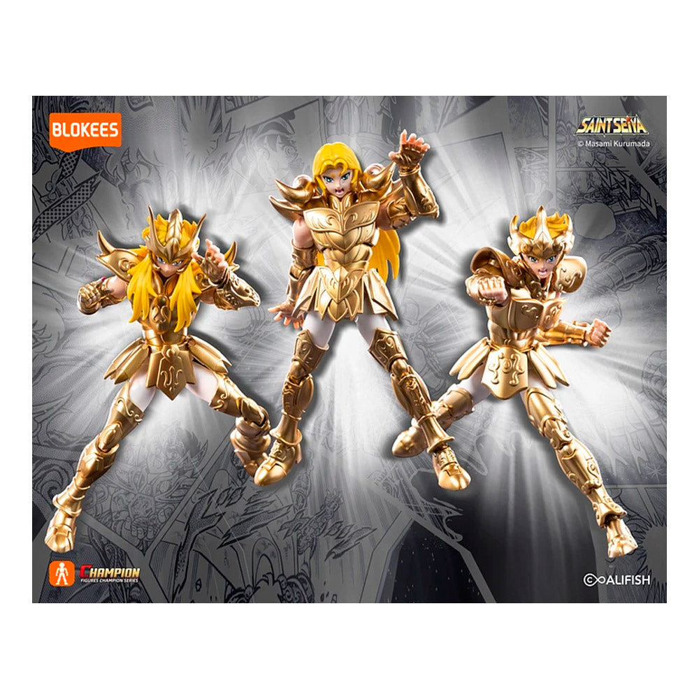 Figura Saint Seiya Milo de Escorpio de Blokees en tres poses diferentes con armadura dorada detallada
