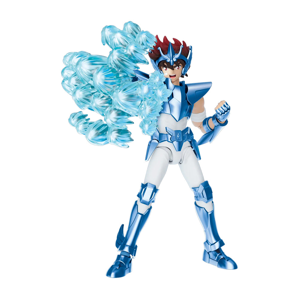Figura Saint Seiya Seiya Pegasus Blokees articulada con armadura azul y efecto de ataque brillante