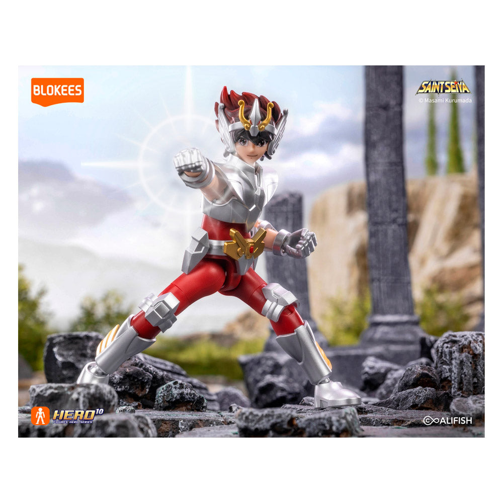 Figura Blokees de Saint Seiya en pose de combate con armadura roja y plata sorpresa Saint Seiya colección