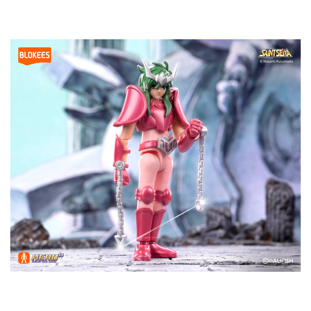Figura Blokees sorpresa Saint Seiya colección con armadura rosa y cadena en mano