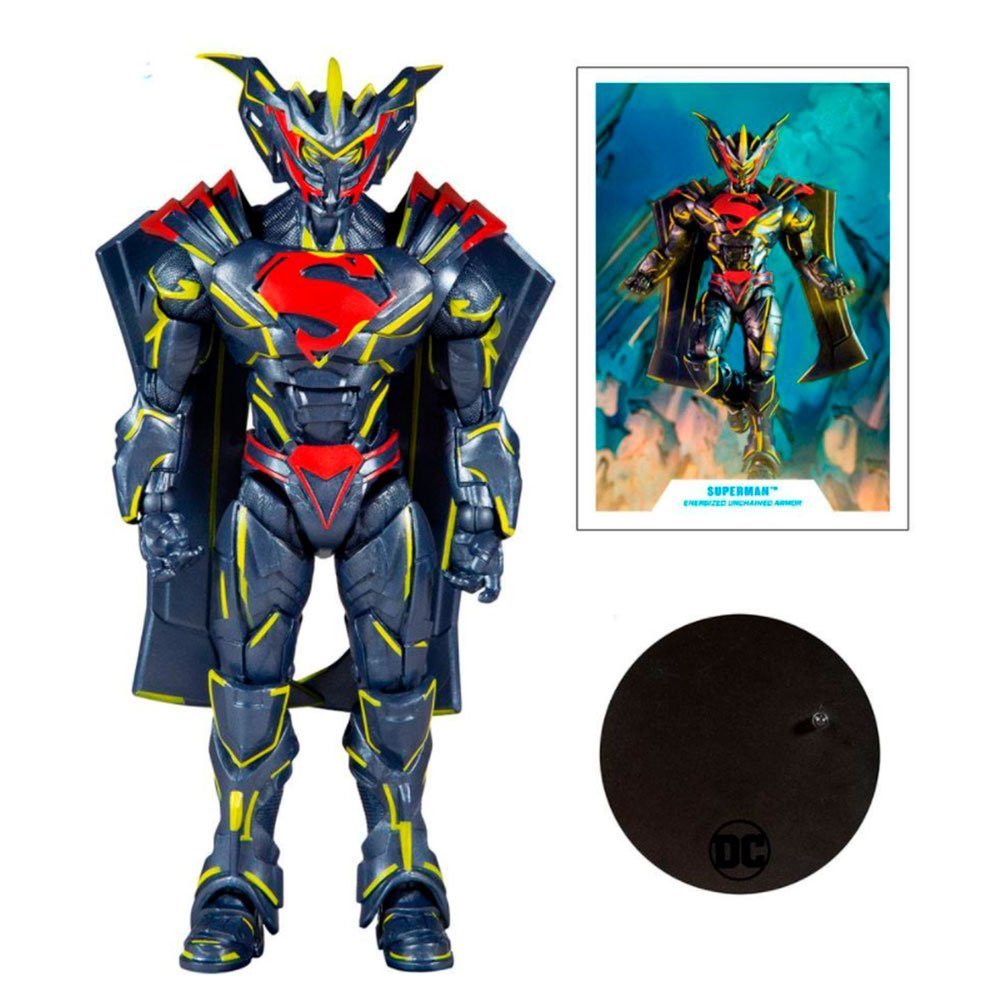 Figura Superman Gold Label de McFarlane Toys con armadura negra y detalles en rojo y amarillo