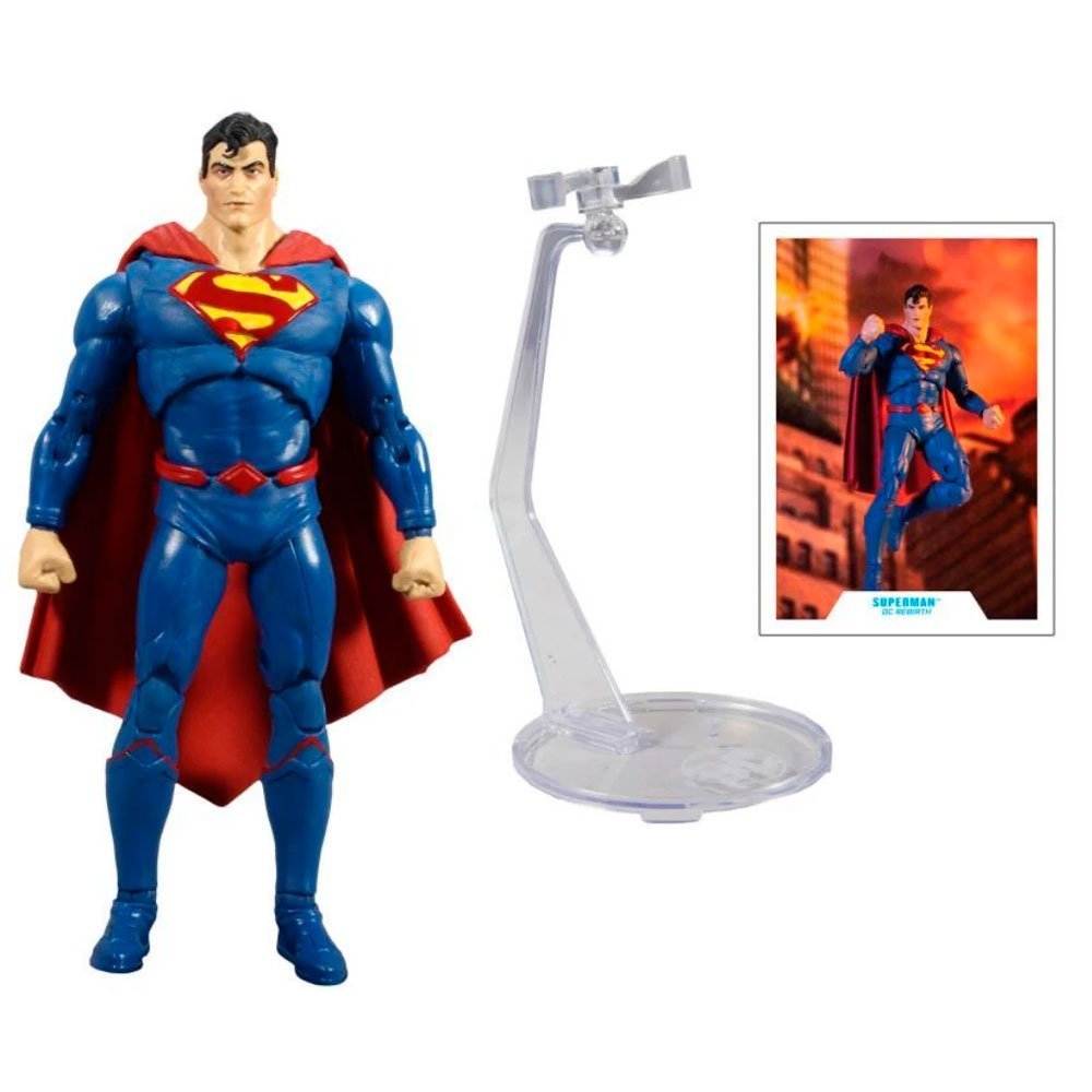 Figura superman mcfarlane chile con capa roja y soporte transparente para exhibición