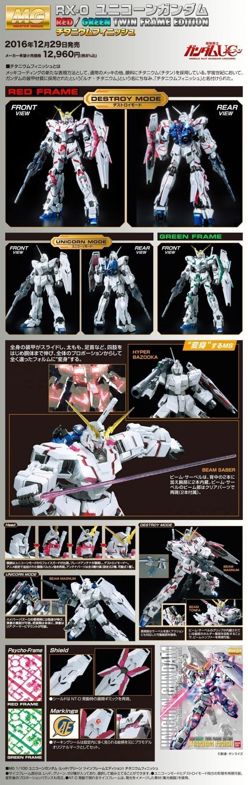 BANDAI MG MOBILE SUIT UNICORN GUNDAM TITANIUM FINISH RED/GREEN TWIN FRAME EDITION - IRION Juguetería - 