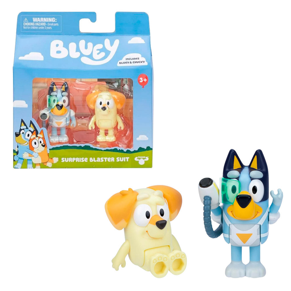 BLUEY SET 2 FIGURAS BLUEY Y CHUCKY SURPRISE BLASTER SUIT