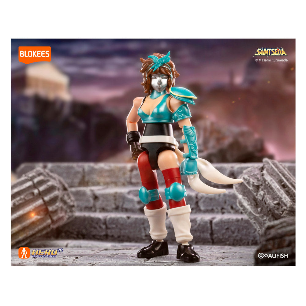 Figura Blokees sorpresa Saint Seiya colección con armadura azul y detalles rojos y blancos