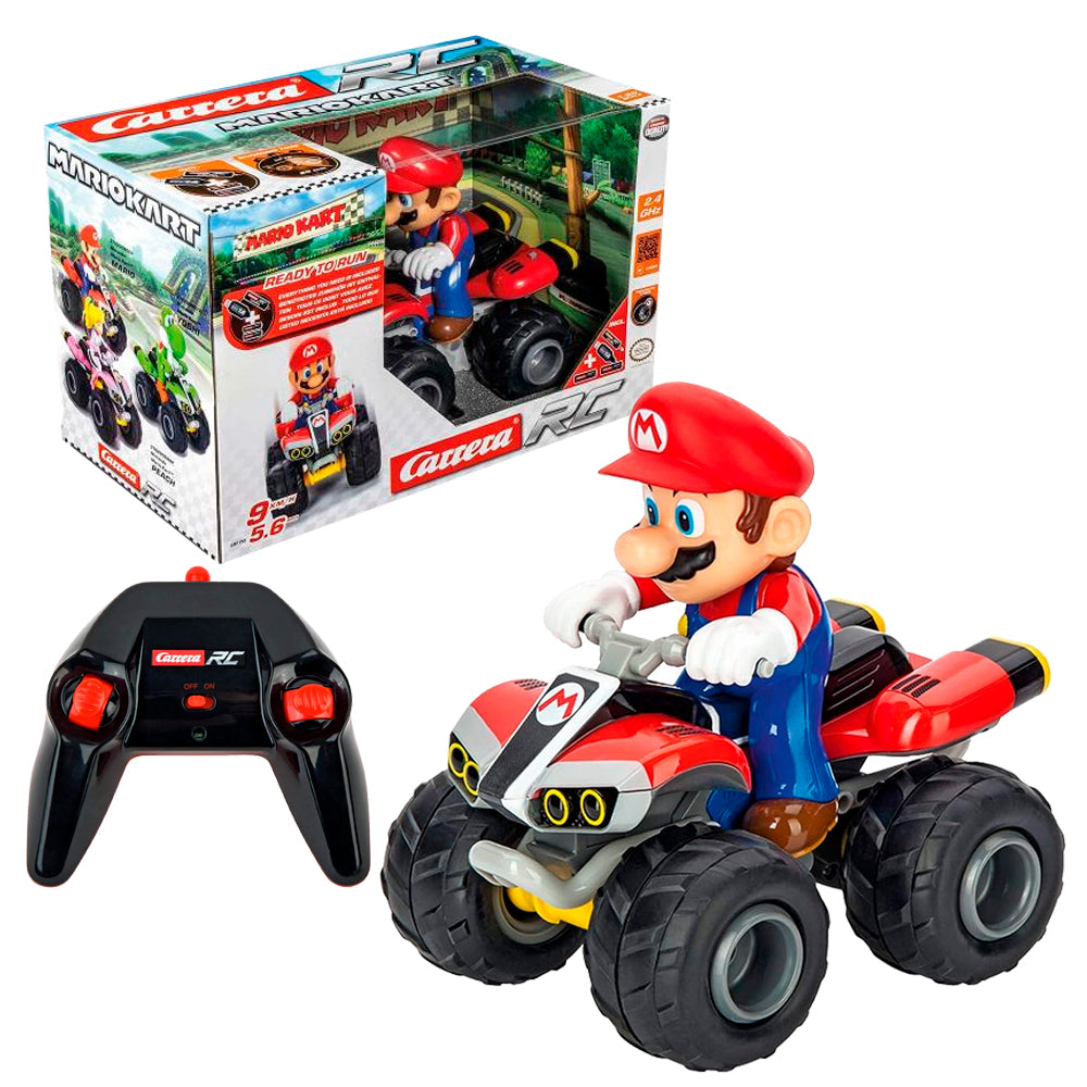 Cuatrimoto radio control Mario Bros de Carrera con control remoto negro y figura de Mario en cuatrimoto roja