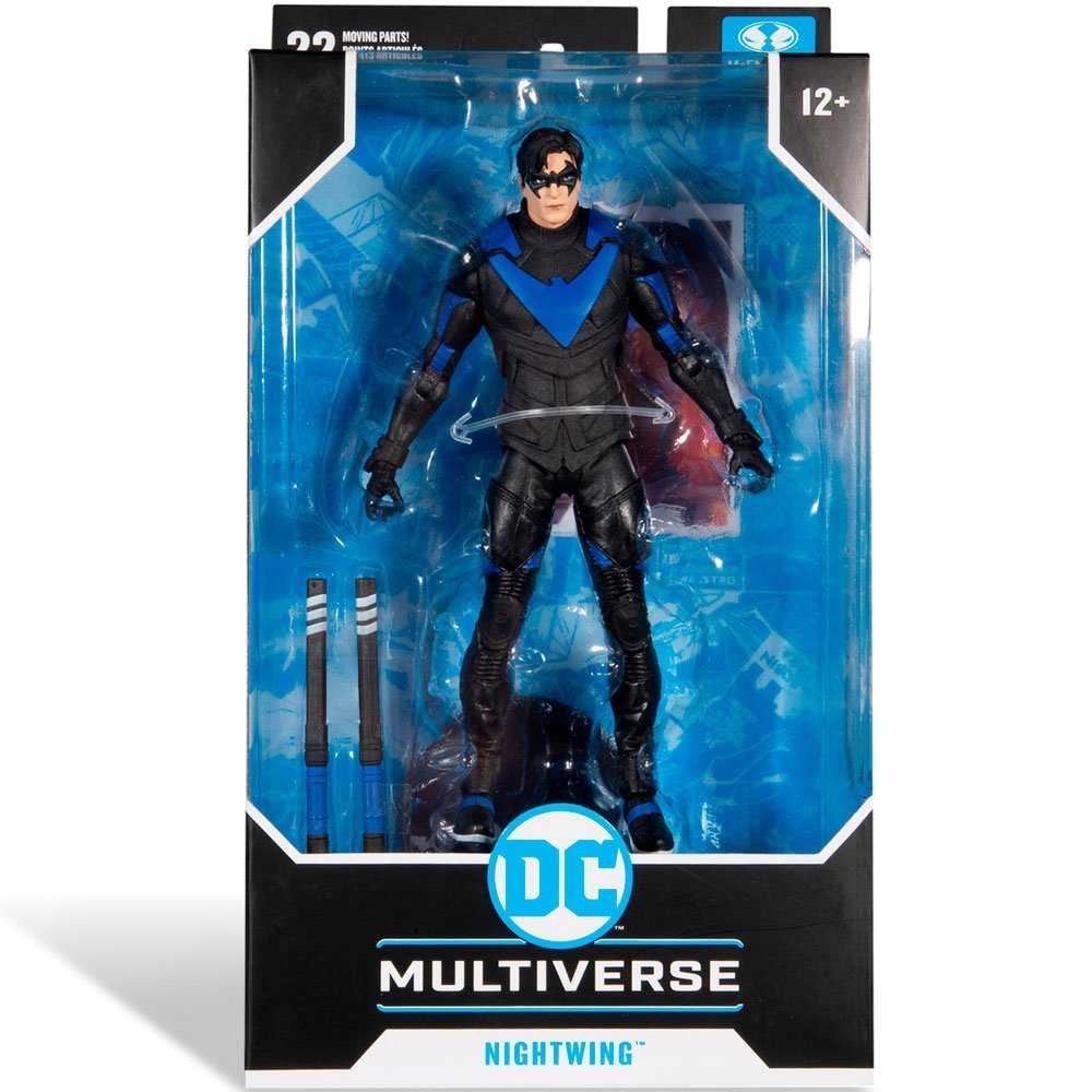Figura Nightwing McFarlane Toys con traje negro y azul del universo DC Multiverse en caja