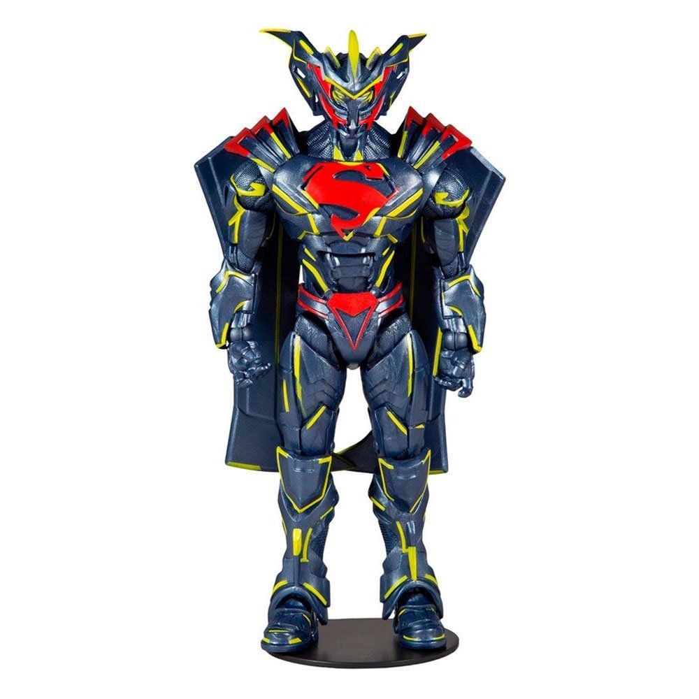 Figura superman gold label de McFarlane Toys con diseño futurista y detalles en negro, rojo y amarillo