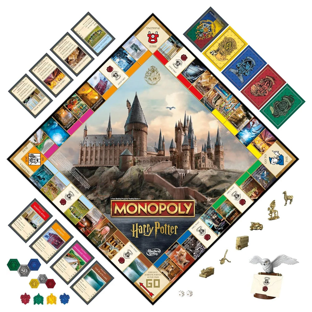 Tablero del juego monopoly harry potter chile con piezas coleccionables y cartas temáticas de Hogwarts
