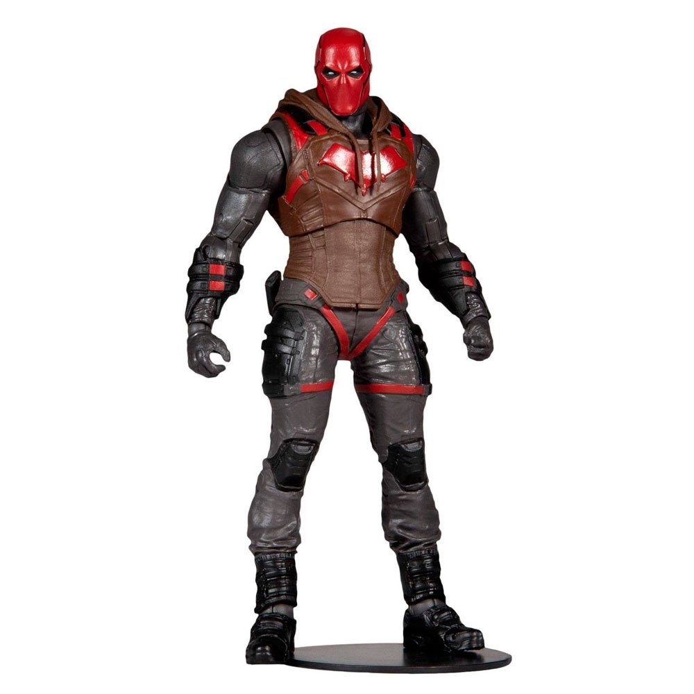 Figura Red Hood McFarlane Toys con máscara roja y armadura detallada en tonos marrón y negro