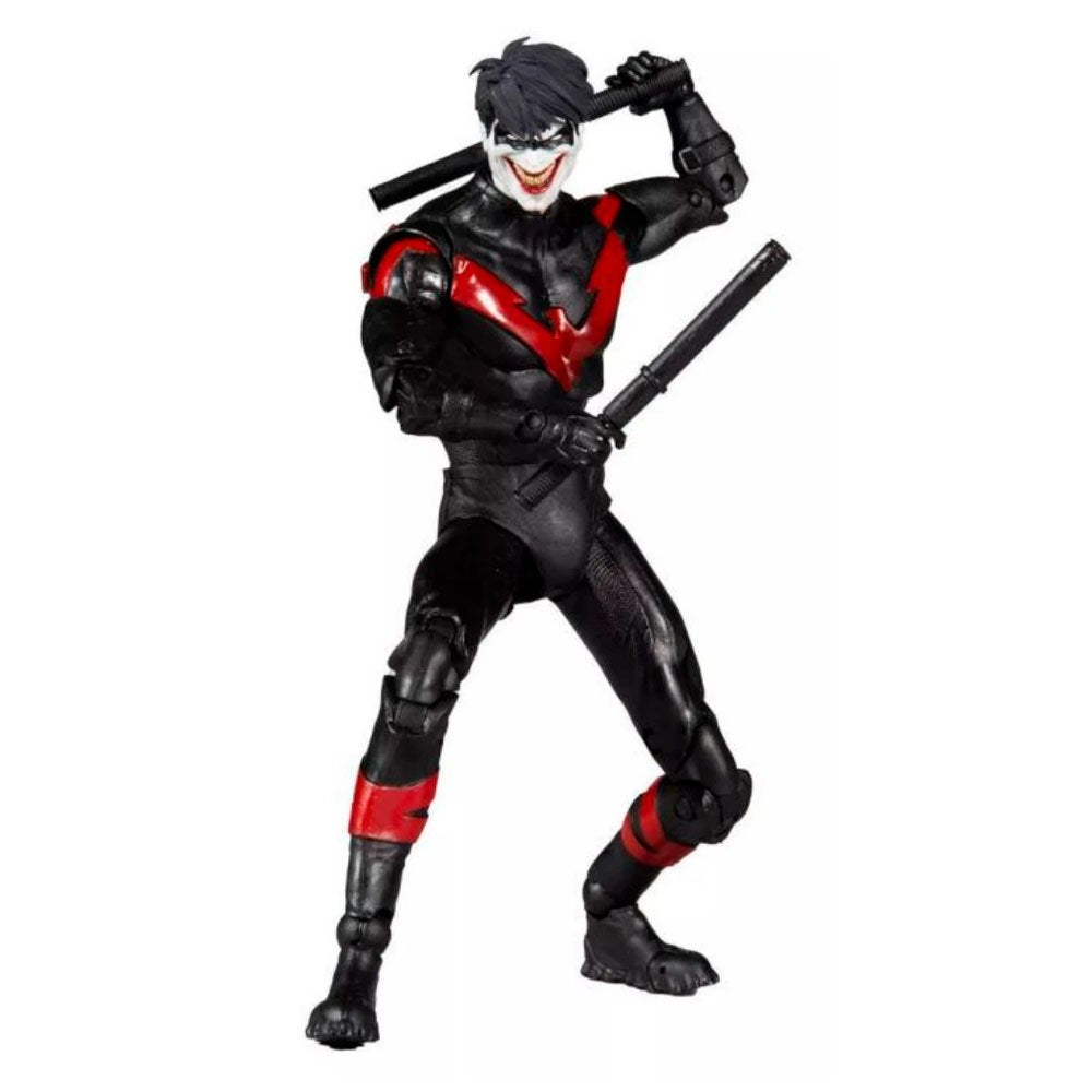 Figura Nightwing McFarlane Toys con traje negro y rojo y cara sonriente con bastones