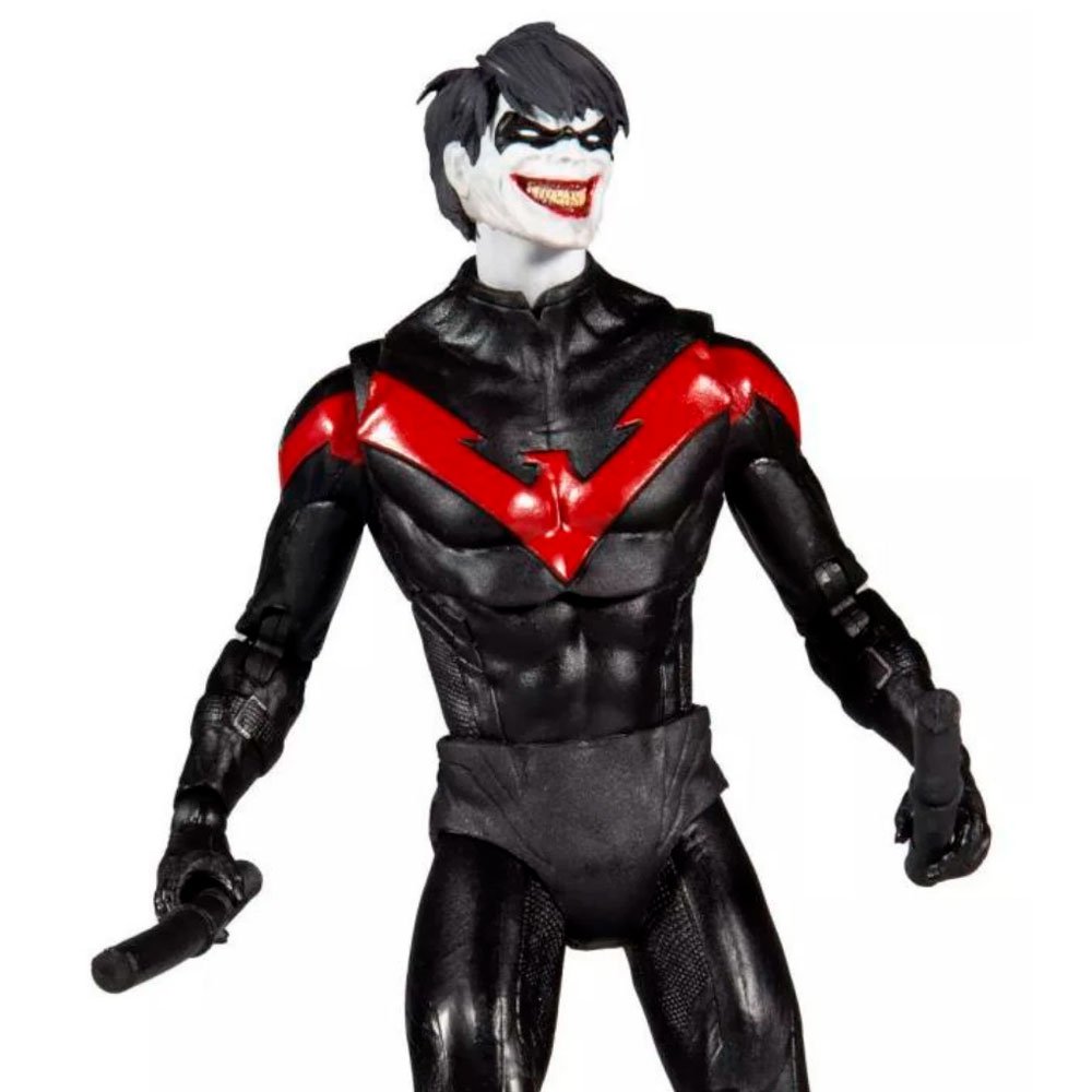 Figura Nightwing McFarlane Toys con traje negro y rojo con rostro sonriente de Joker