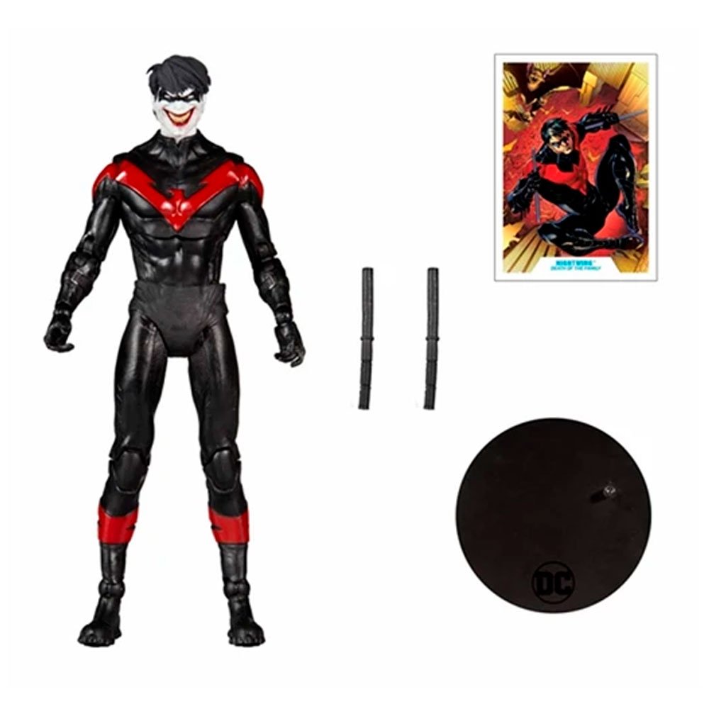 Figura Nightwing McFarlane Toys en negro y rojo con accesorios y base de DC de Cubic Fun