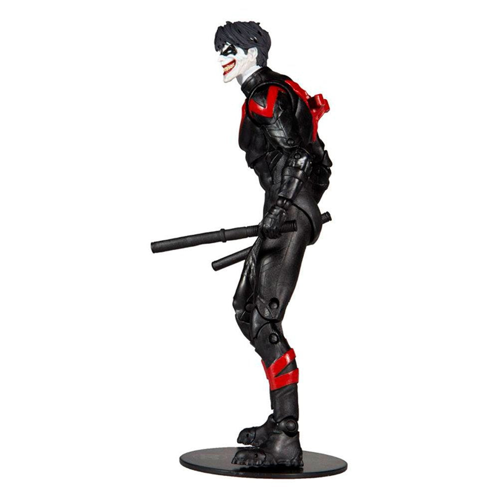 Figura Nightwing McFarlane Toys en traje negro con detalles rojos y bastones de combate